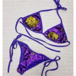 Фото Купальник раздельный, бикини, мягкая чашка с вкладышем, бразилиана, пайетки фиолетовый-золото  132-04