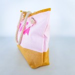 Фото Сумка пляжная розовая на канатах принт фламинго 211-03
