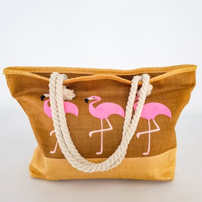 Модная плетеная пляжная сумка коричневая с фламинго 211-06