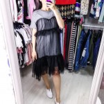 Фото Платье-футболка серая с чёрным фатином 523-0355