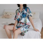 Фото Пижама голубая листья и цветы короткий рукав+шорты 324-01-2