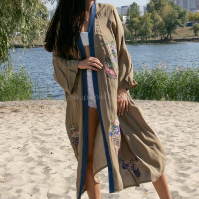 Пляжный халат цвета хаки с вышивкой накидка на купальник длинная 405-25
