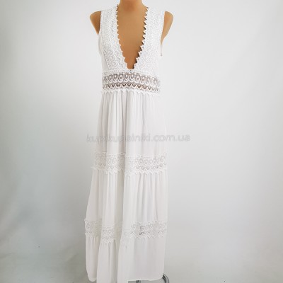 Длинное белое платье с гипюром  406-05