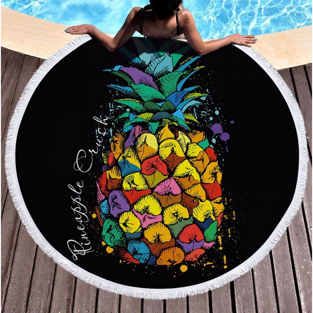 Фото Покрывало пляжное круглое черное с ярким ананасом  150*150  151-24