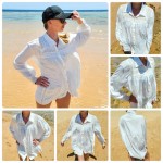 Фото Рубашка пляжная белая лёгкая коттоновая  короткая с декором из гипюра 146-71