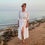 Фото Белая пляжная рубашка длинная коттон с карманами и поясом 146-54