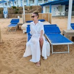 Фото Белая пляжная рубашка длинная коттон с карманами и поясом 146-54