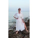Фото Белая пляжная туника длинная хлопок с карманами и поясом 146-54