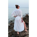 Фото Белая пляжная туника длинная хлопок с карманами и поясом 146-54