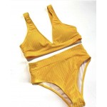 Фото Купальник бикини в рубчик жёлтый з высокими плавками 116-06-1