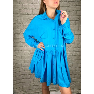 Платье-рубашка пляжная бирюзовая короткая на длинный рукав 146-86