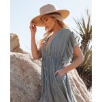 Фото Пляжное длинное серое платье на пуговицах с большим декольте  405-51-6