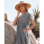Фото Пляжное длинное серое платье на пуговицах с большим декольте  405-51-6