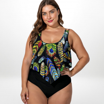 Раздельный купальник Plus Size с топом в стиле "танкини" и ярким принтом перьев 112-18