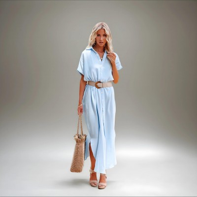 Фото Сорочка довга на короткий рукав блакитна з гудзиками 421-04-1