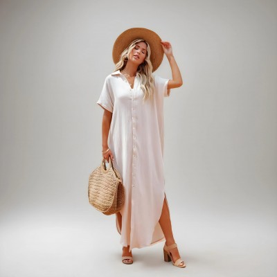 Фото Сорочка довга на короткий рукав бежева з гудзиками 421-04-2