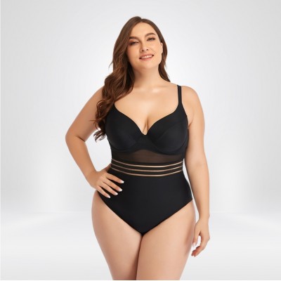 Фото Купальник слитный чёрный с прозрачными  вставками на большую грудь 425-03