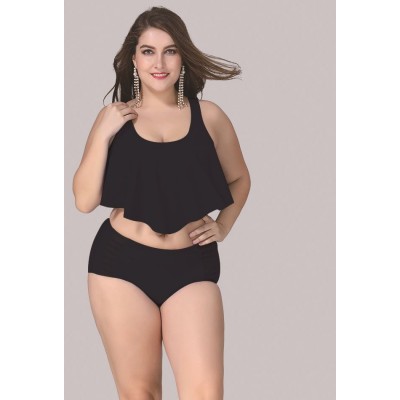 Фото Купальник раздельный чёрный топ с воланом високие плавки 113-08