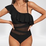 Купить Купальник слитный чёрный с сеточкой с воланом 430-04 — реальное фото