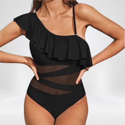 Купальник слитный чёрный с сеточкой с воланом 430-04