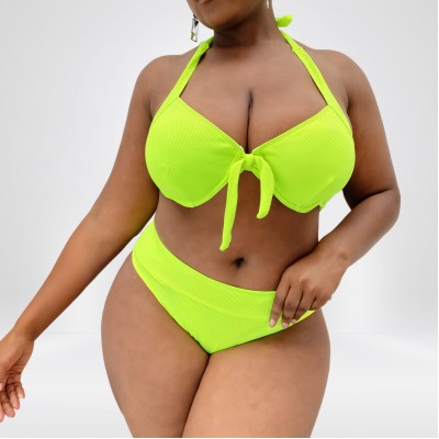 Фото Плюс сайз бікіні неонового кольору з ліфом халтер та високою посадкою 434-03