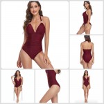 Картинка Слитный купальник halter в бордовом цвете 428-08-2 з різних сторін Фото Слитный купальник halter в бордовом цвете 428-08-2