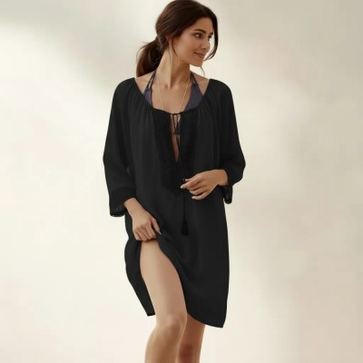 Чёрная пляжная туника коттон 146-19-3