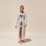 Фото Женская белая кружевная туника-халат макси на длинный рукав с пояском 146-107-2