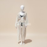 Фото Женская белая кружевная туника-халат макси на длинный рукав с пояском 146-107-2