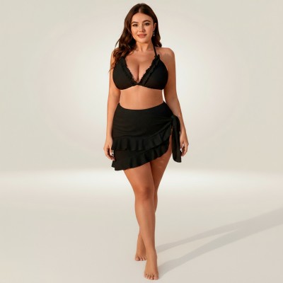 Фото Черный бикини Plus Size с воланами и парео-юбкой, высокая талия 433-03-2