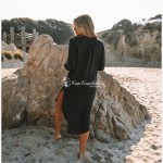 Фото Пляжная туника-рубашка чёрная, длинный рукав, боковые разрезы 146-111-3