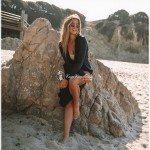 Фото Пляжная туника-рубашка чёрная, длинный рукав, боковые разрезы 146-111-3