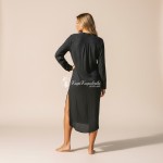 Фото Пляжная туника-рубашка чёрная, длинный рукав, боковые разрезы 146-111-3