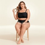 Фото Черный раздельный купальник Plus Size с высокой посадкой и мягкими сборка 434-04