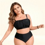 Фото Черный раздельный купальник Plus Size с высокой посадкой и мягкими сборка 434-04