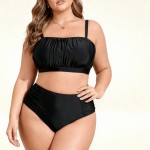Фото Черный раздельный купальник Plus Size с высокой посадкой и мягкими сборка 434-04