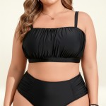 Фото Черный раздельный купальник Plus Size с высокой посадкой и мягкими сборка 434-04