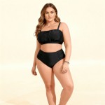 Фото Черный раздельный купальник Plus Size с высокой посадкой и мягкими сборка 434-04