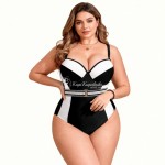 Фото Суцільний купальник Plus Size чорно-білий із підтримкою та поясом 434-06