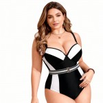 Фото Суцільний купальник Plus Size чорно-білий із підтримкою та поясом 434-06