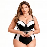 Фото Суцільний купальник Plus Size чорно-білий із підтримкою та поясом 434-06