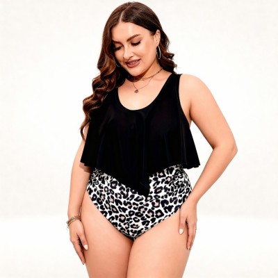 Раздельный купальник Plus Size с топом-воланом и леопардовыми плавками 434-07
