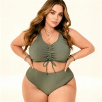Фото Раздельный купальник Plus Size оливковый с текстурой, сборкой и высокой посадкой 434-08