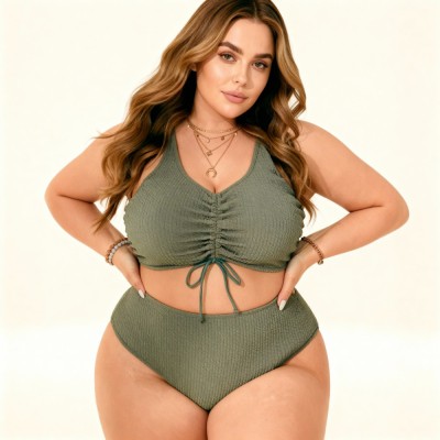Раздельный купальник Plus Size оливковый с текстурой, сборкой и высокой посадкой 434-08