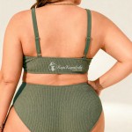 Фото Раздельный купальник Plus Size оливковый с текстурой, сборкой и высокой посадкой 434-08