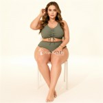 Фото Раздельный купальник Plus Size оливковый с текстурой, сборкой и высокой посадкой 434-08