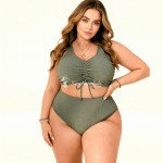 Фото Раздельный купальник Plus Size оливковый с текстурой, сборкой и высокой посадкой 434-08