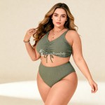 Фото Раздельный купальник Plus Size оливковый с текстурой, сборкой и высокой посадкой 434-08