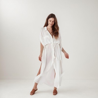 Фото Пляжная длинная рубашка белая коттон 146-54