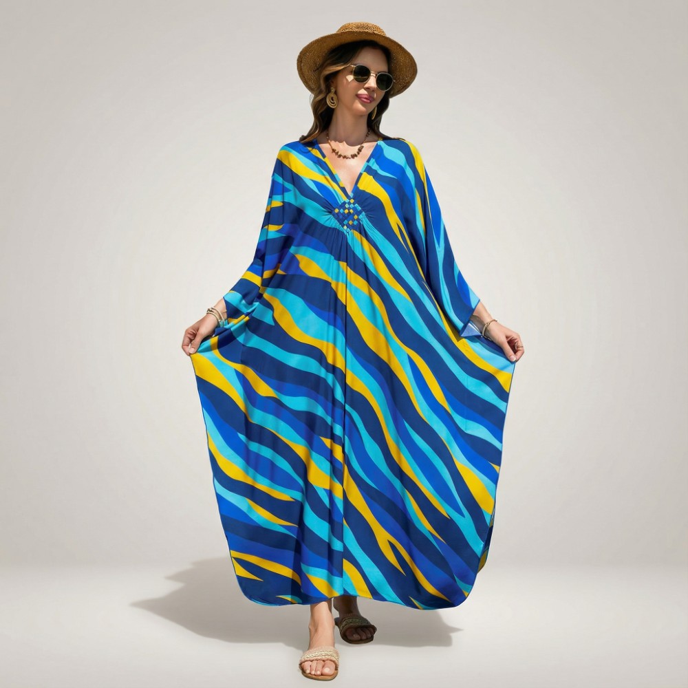 Картинка Туника женская пляжная из вискозы Диагональная полоска Сине-желтая One Size 146-123-1 Фото Туника женская пляжная из вискозы Диагональная полоска Сине-желтая One Size 146-123-1